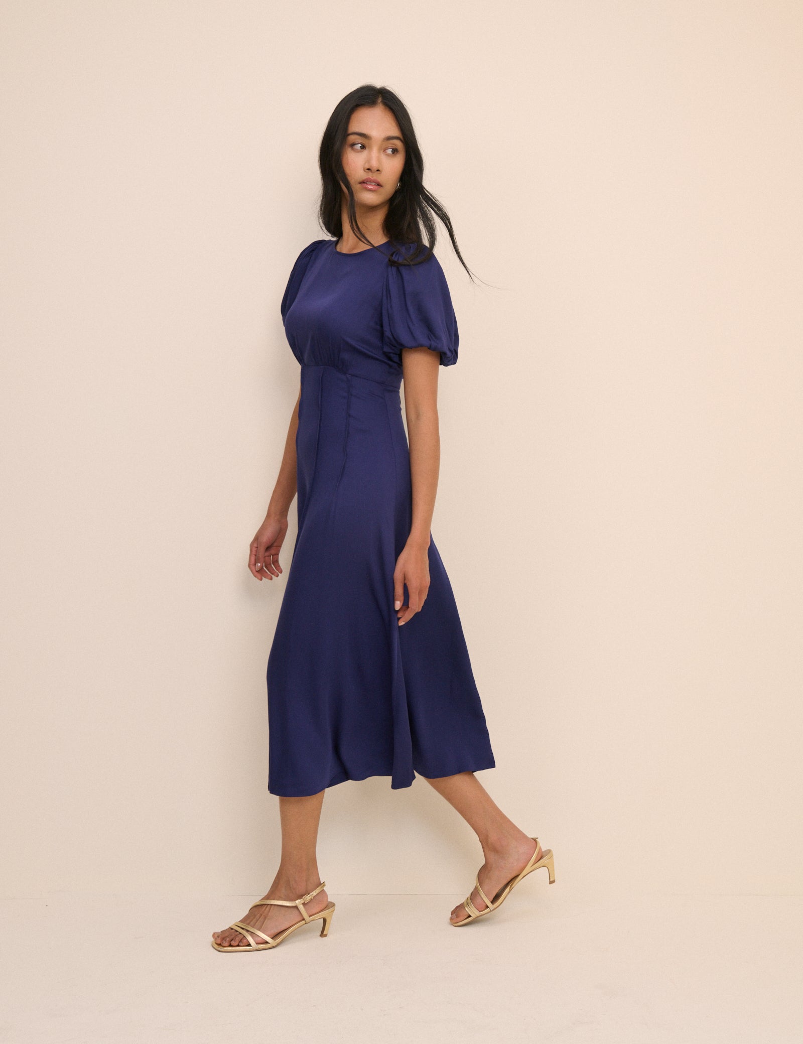 Navy Puff Sleeve Quinn Midi Dress