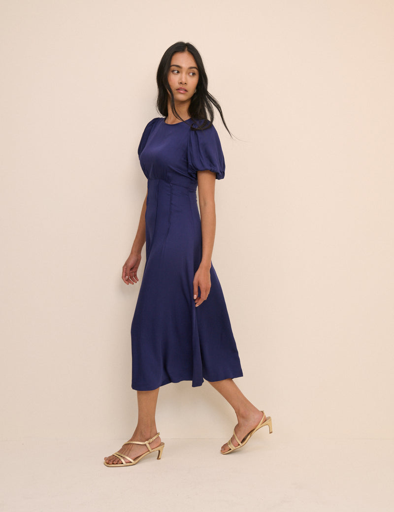 Navy Puff Sleeve Quinn Midi Dress