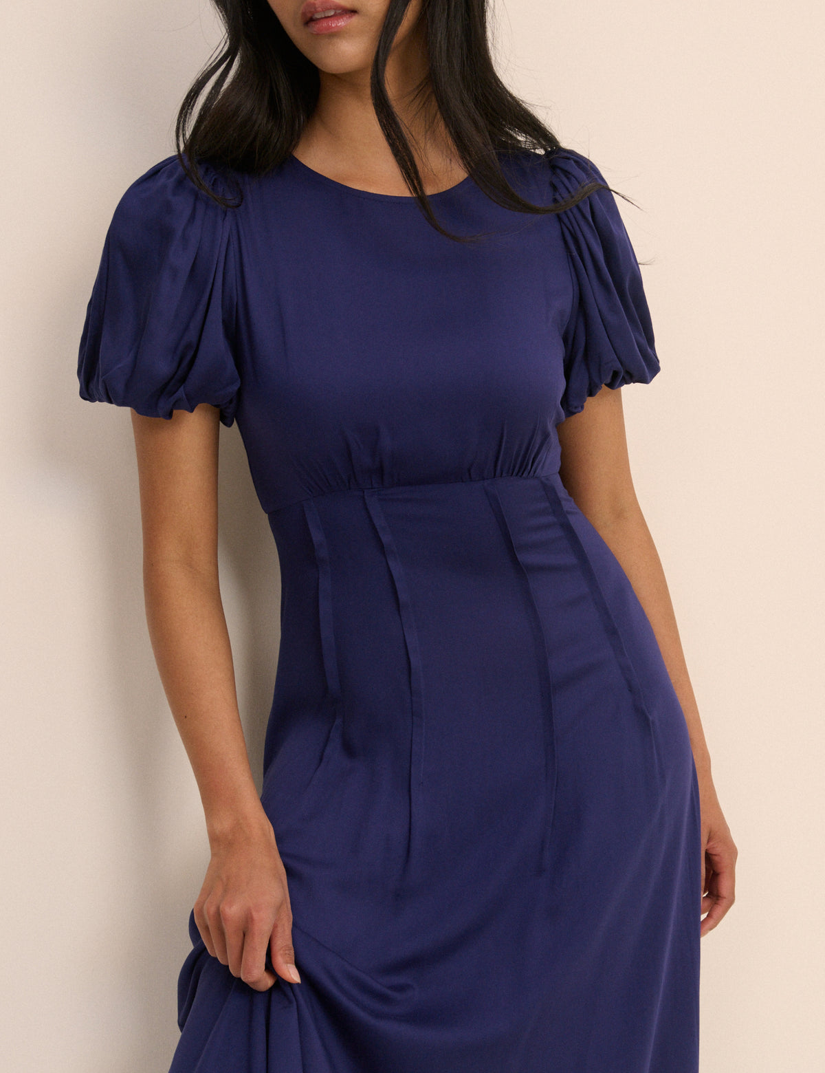 Navy Puff Sleeve Quinn Midi Dress