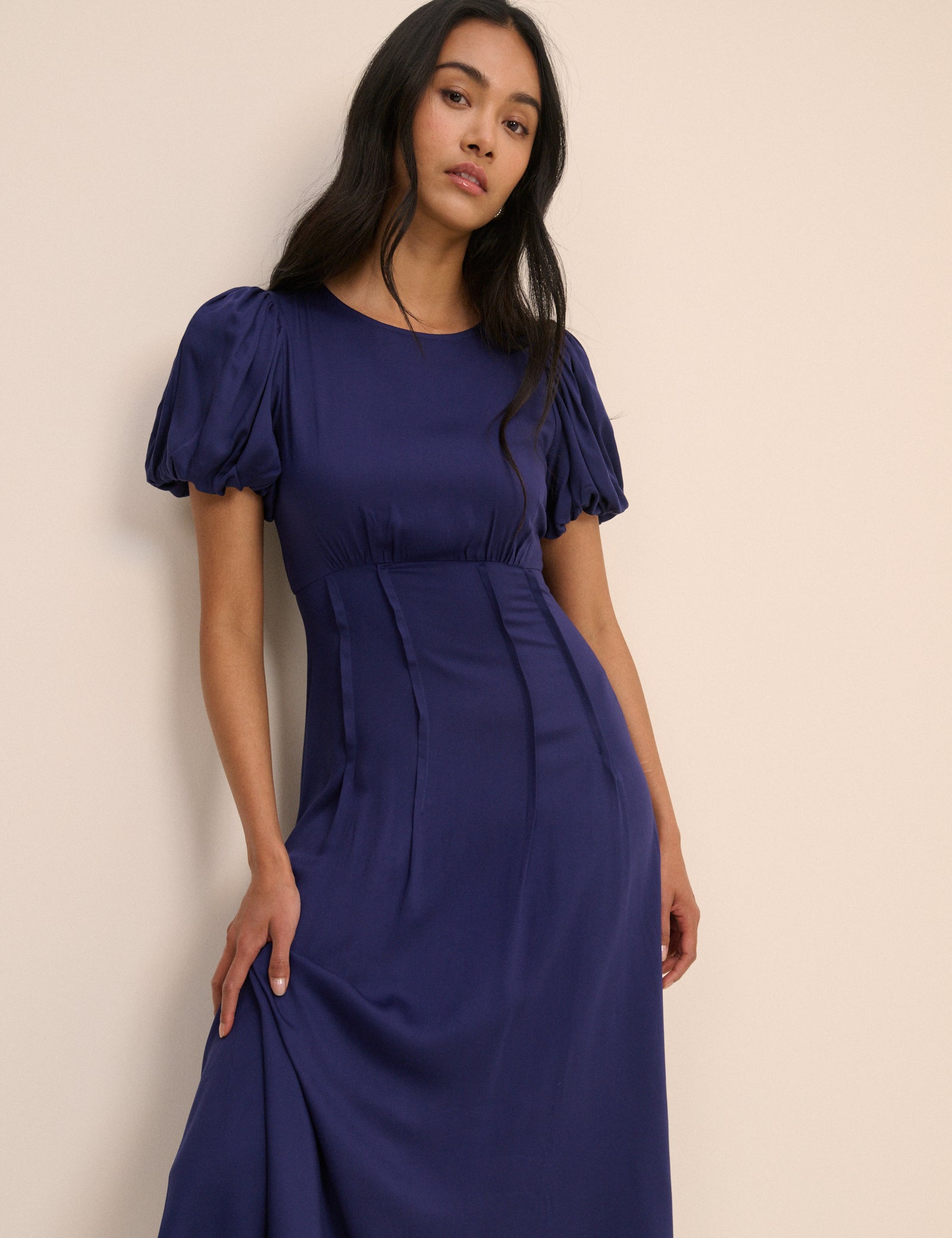 Navy Puff Sleeve Quinn Midi Dress