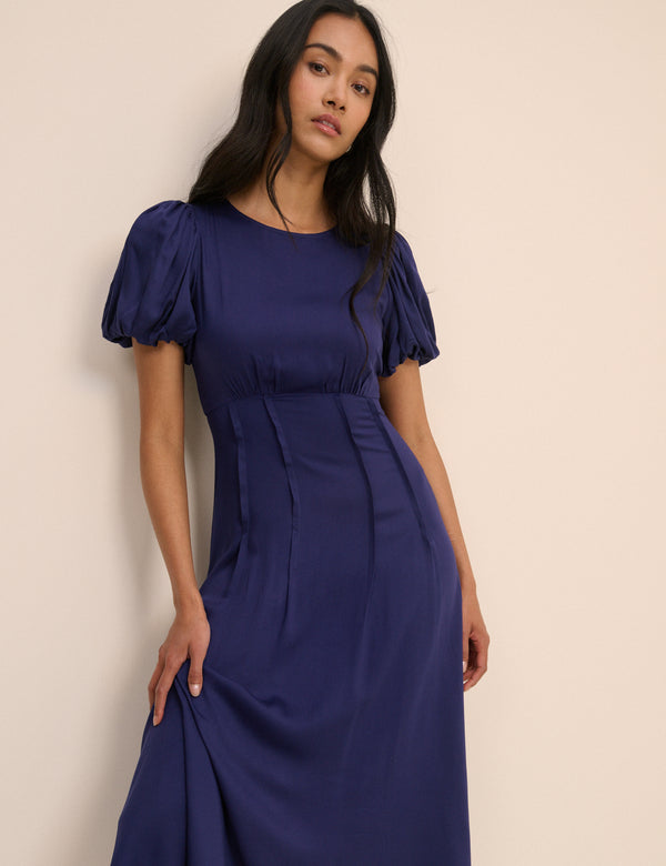 Navy Puff Sleeve Quinn Midi Dress