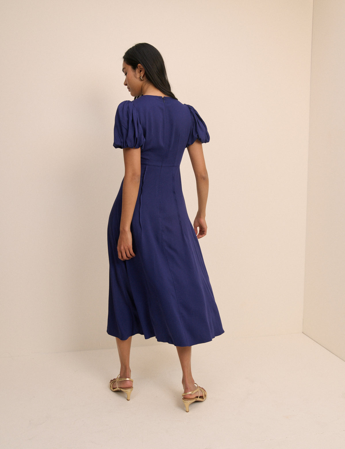 Navy Puff Sleeve Quinn Midi Dress
