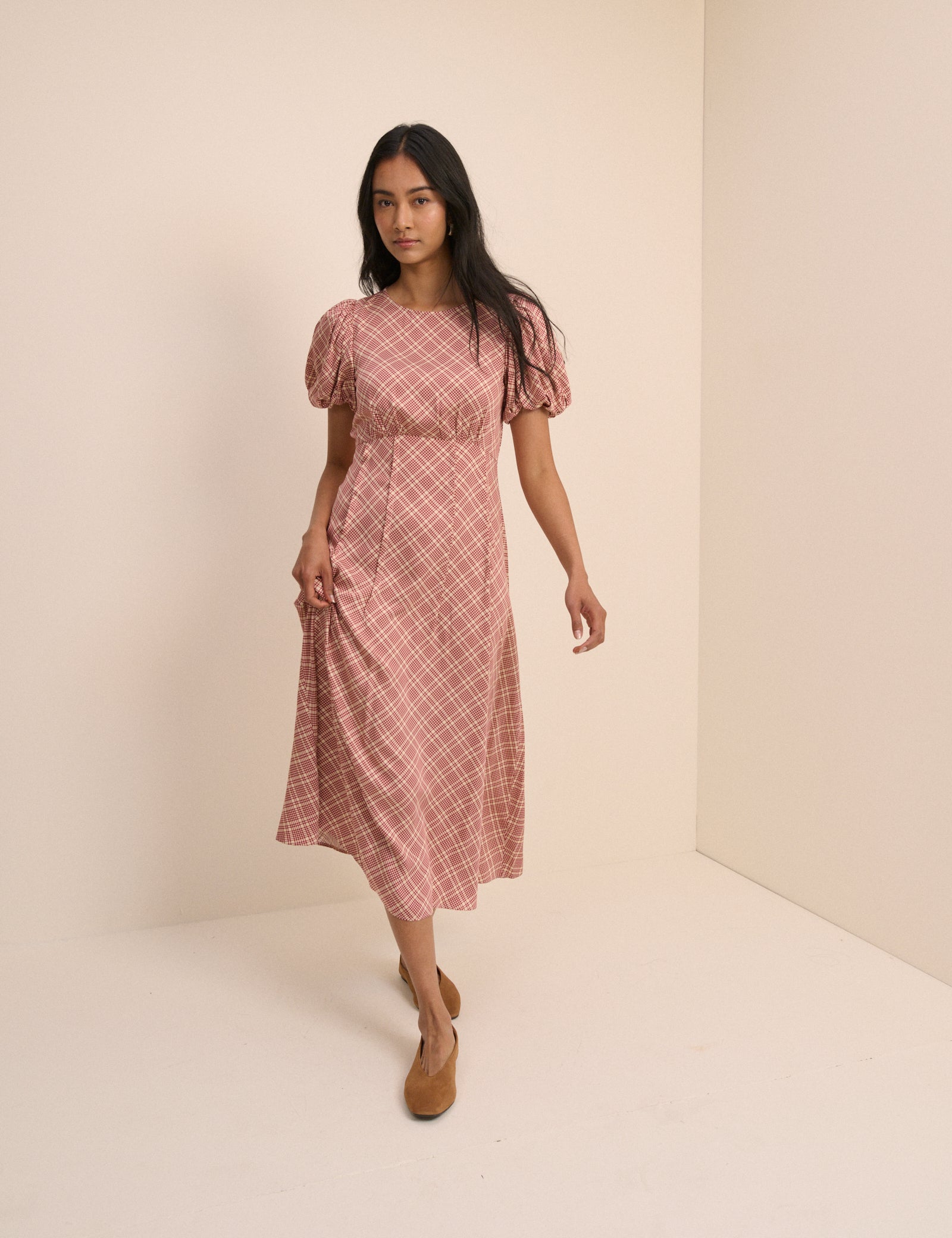 Red Check Puff Sleeve Quinn Midi Dress