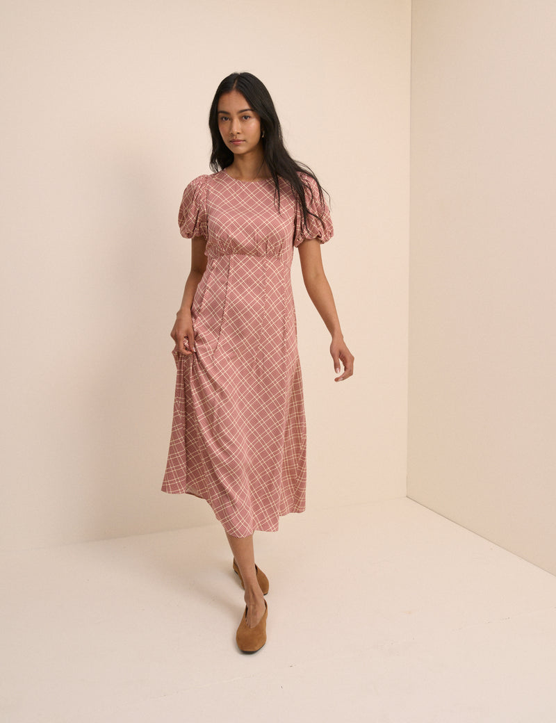 Red Check Puff Sleeve Quinn Midi Dress