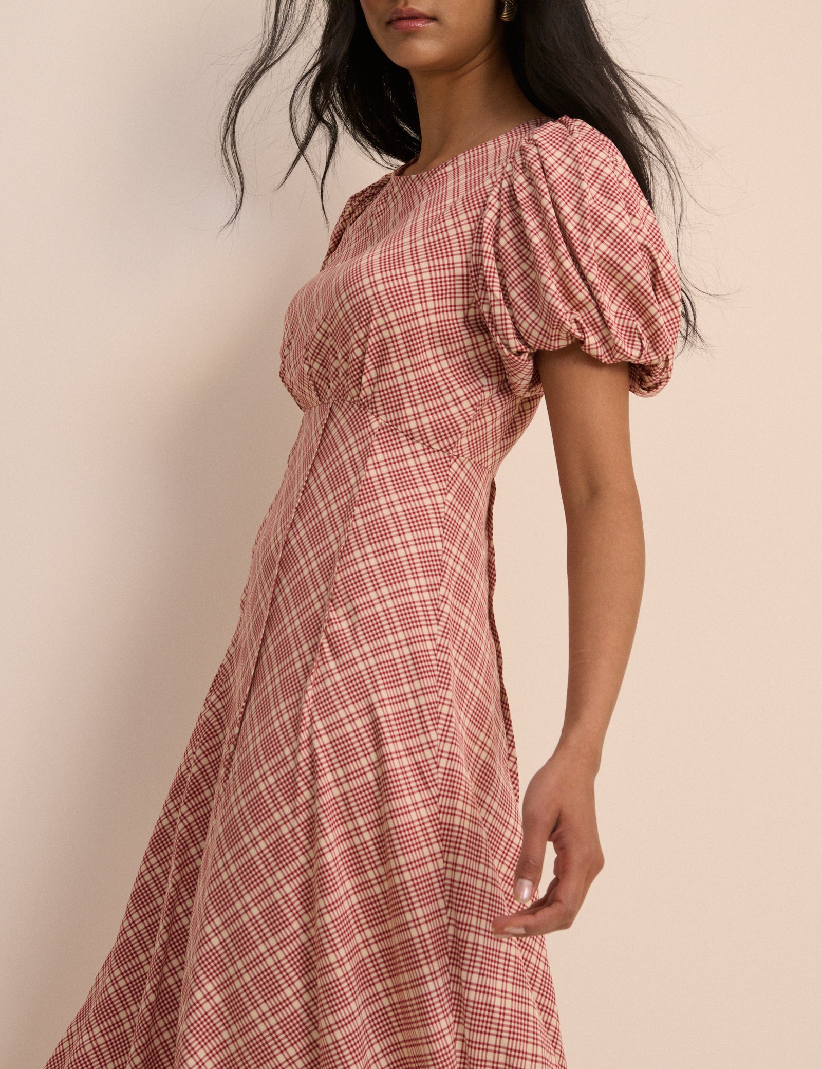 Red Check Puff Sleeve Quinn Midi Dress