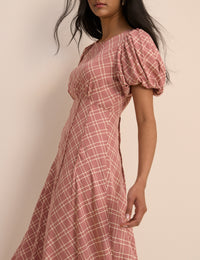 Red Check Puff Sleeve Quinn Midi Dress