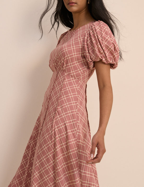 Red Check Puff Sleeve Quinn Midi Dress