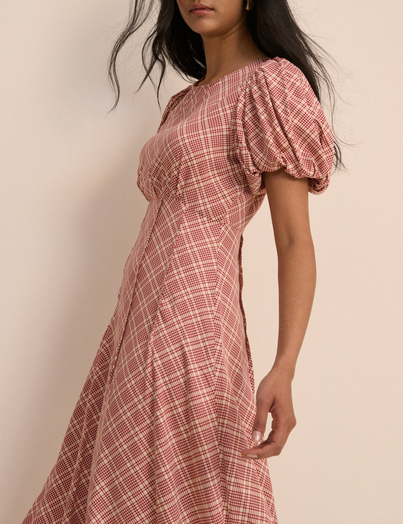 Red Check Puff Sleeve Quinn Midi Dress
