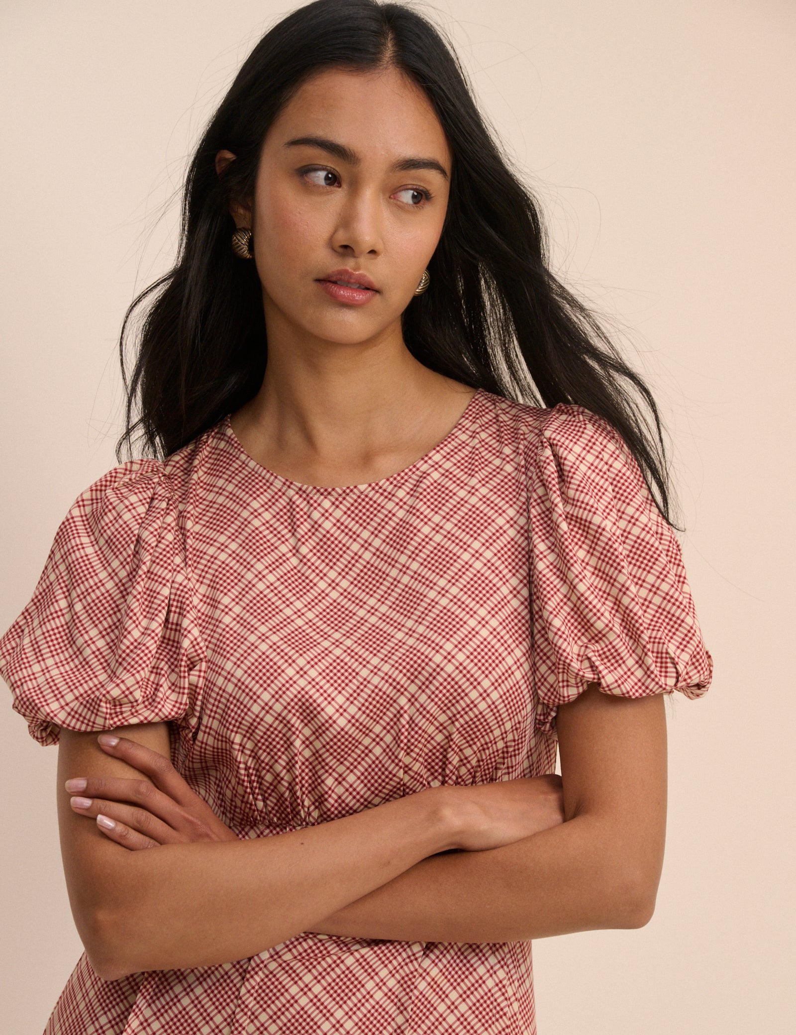 Red Check Puff Sleeve Quinn Midi Dress