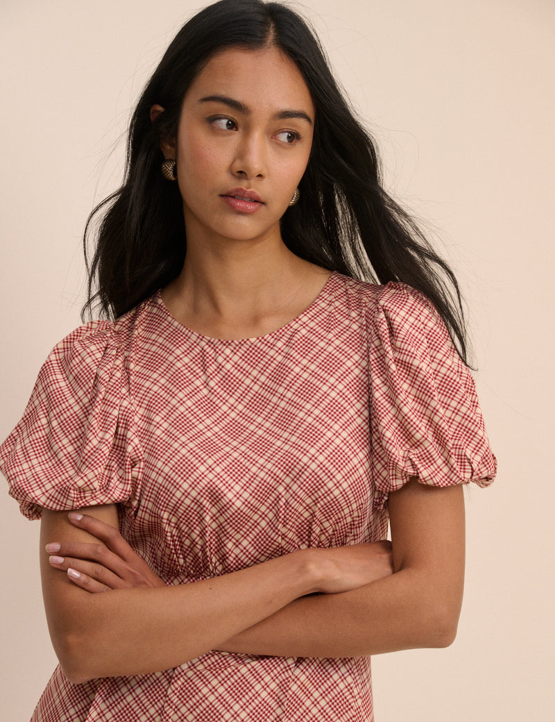 Red Check Puff Sleeve Quinn Midi Dress