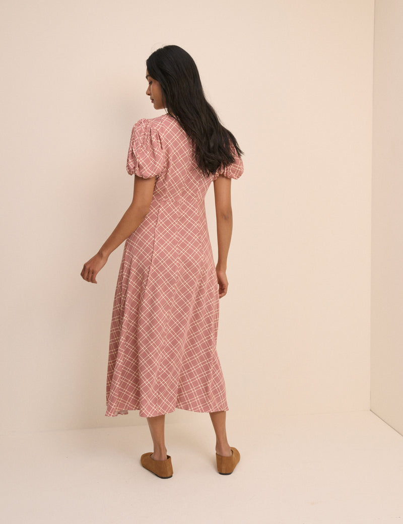 Red Check Puff Sleeve Quinn Midi Dress