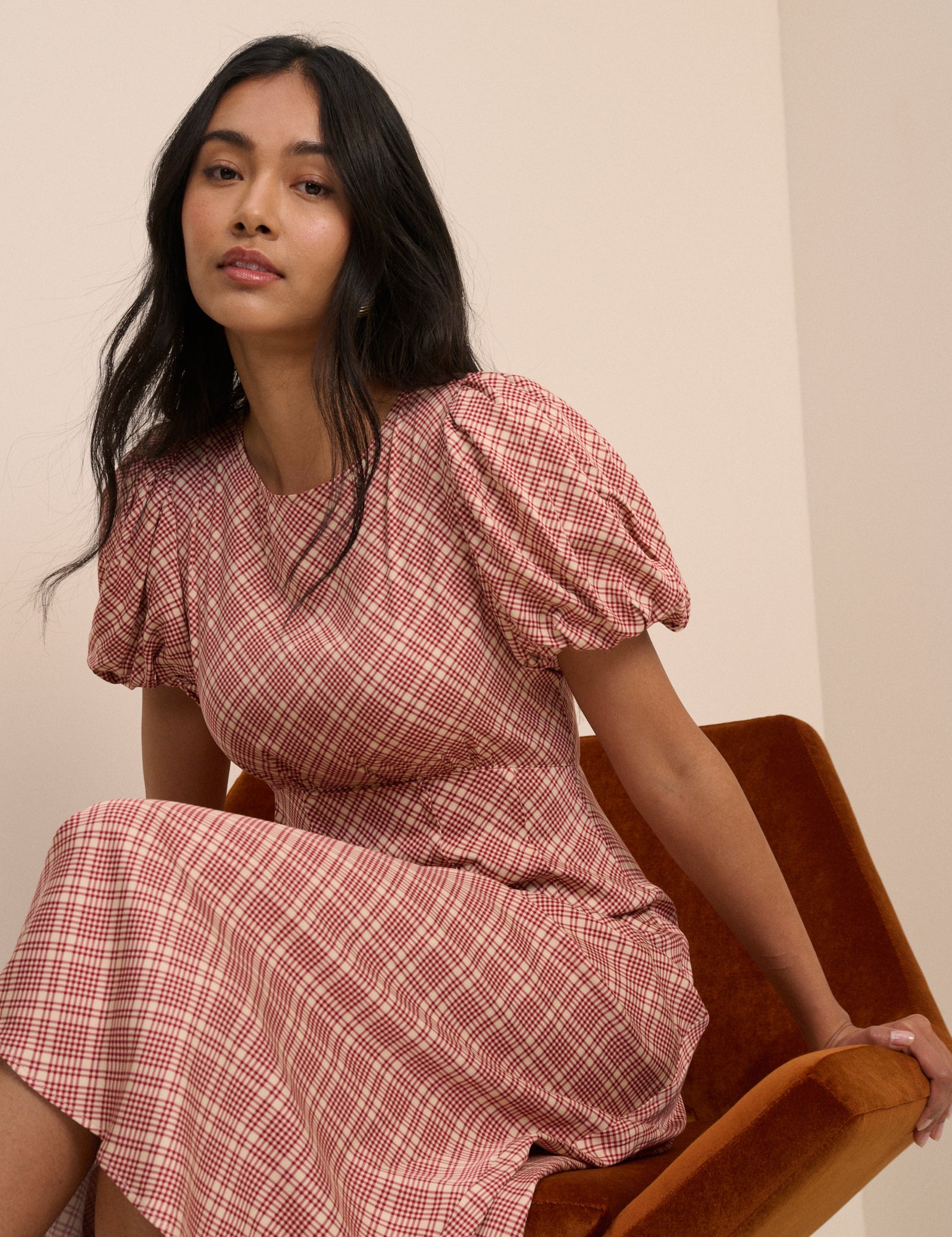 Red Check Puff Sleeve Quinn Midi Dress