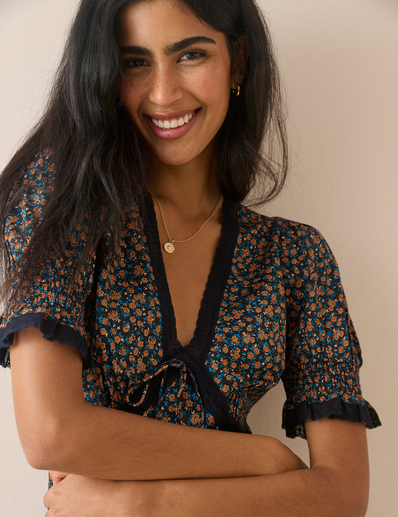 Black and Orange Ditsy Floral Sophia Mini Dress