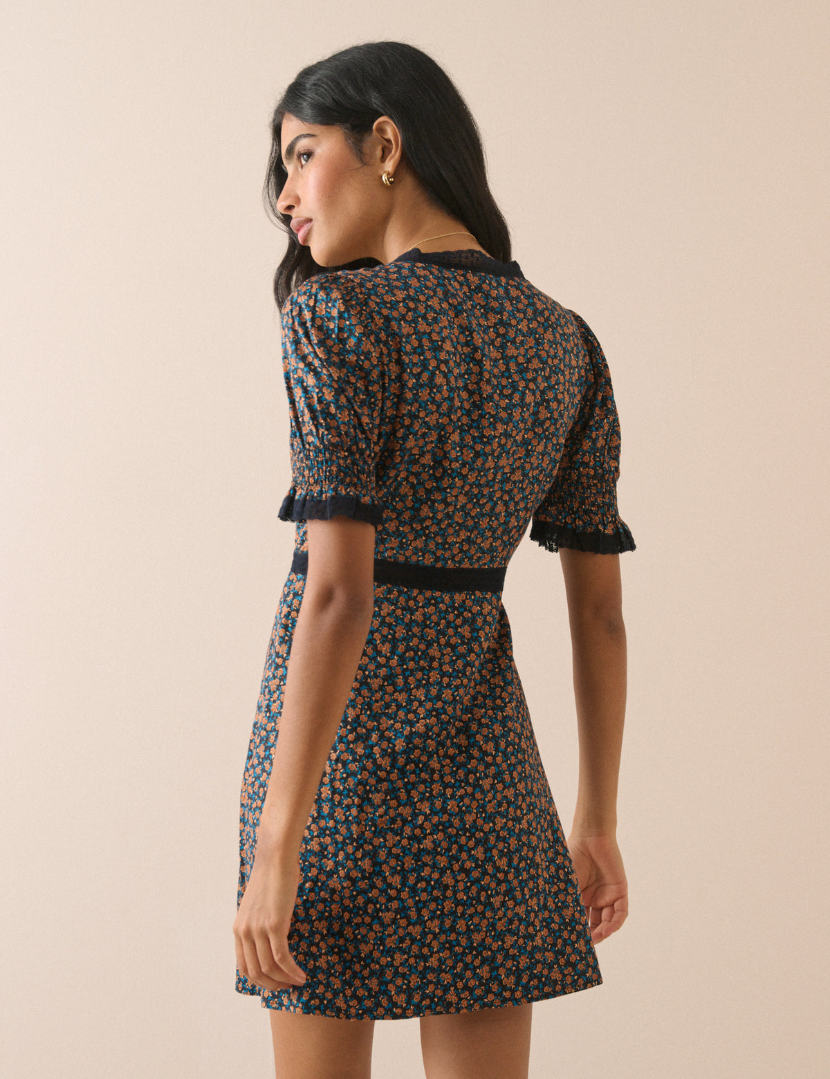 Black and Orange Ditsy Floral Sophia Mini Dress