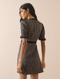 Black and Orange Ditsy Floral Sophia Mini Dress