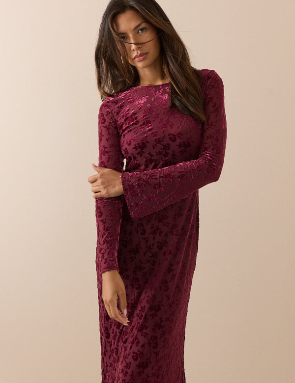 Burgundy Velvet Floral Clarissa Midi Dress