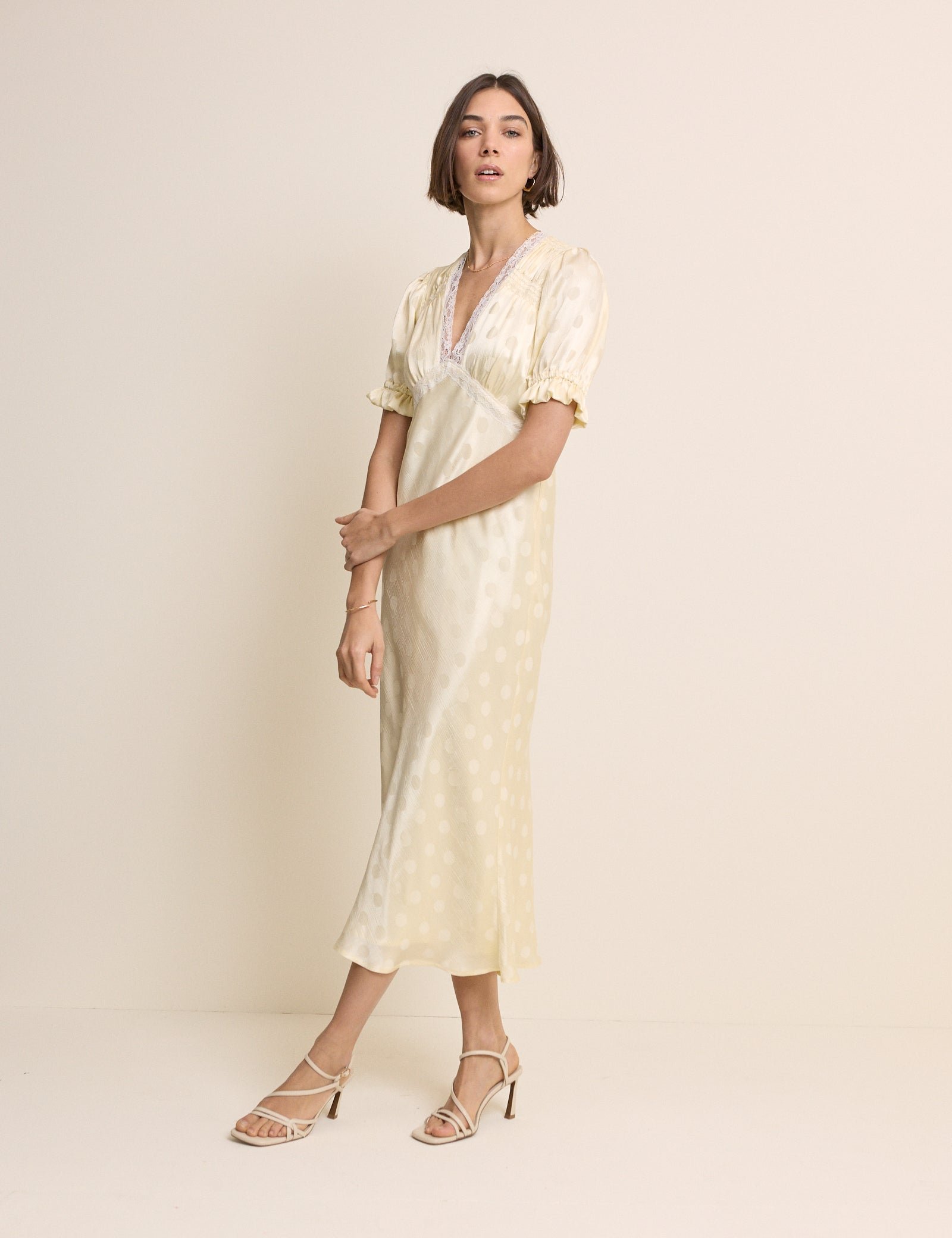 Butter Yellow Polka Dot Satin Angela Midi Dress