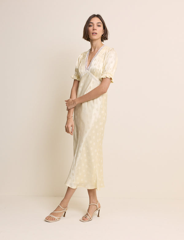 Butter Yellow Polka Dot Satin Angela Midi Dress