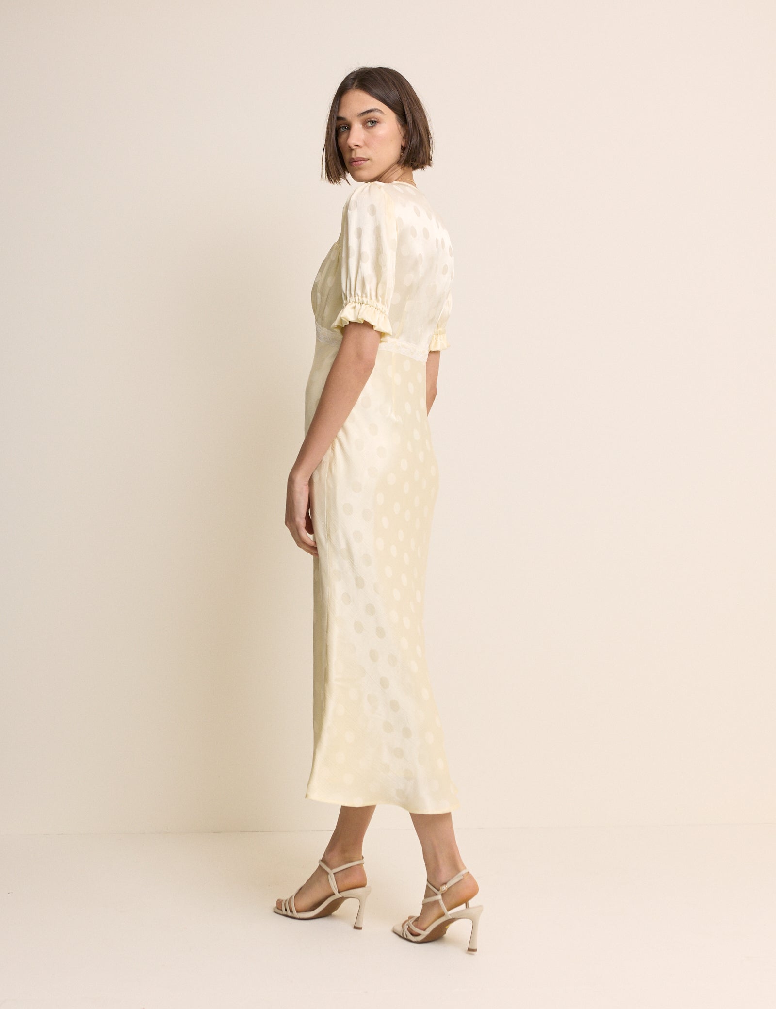 Butter Yellow Polka Dot Satin Angela Midi Dress