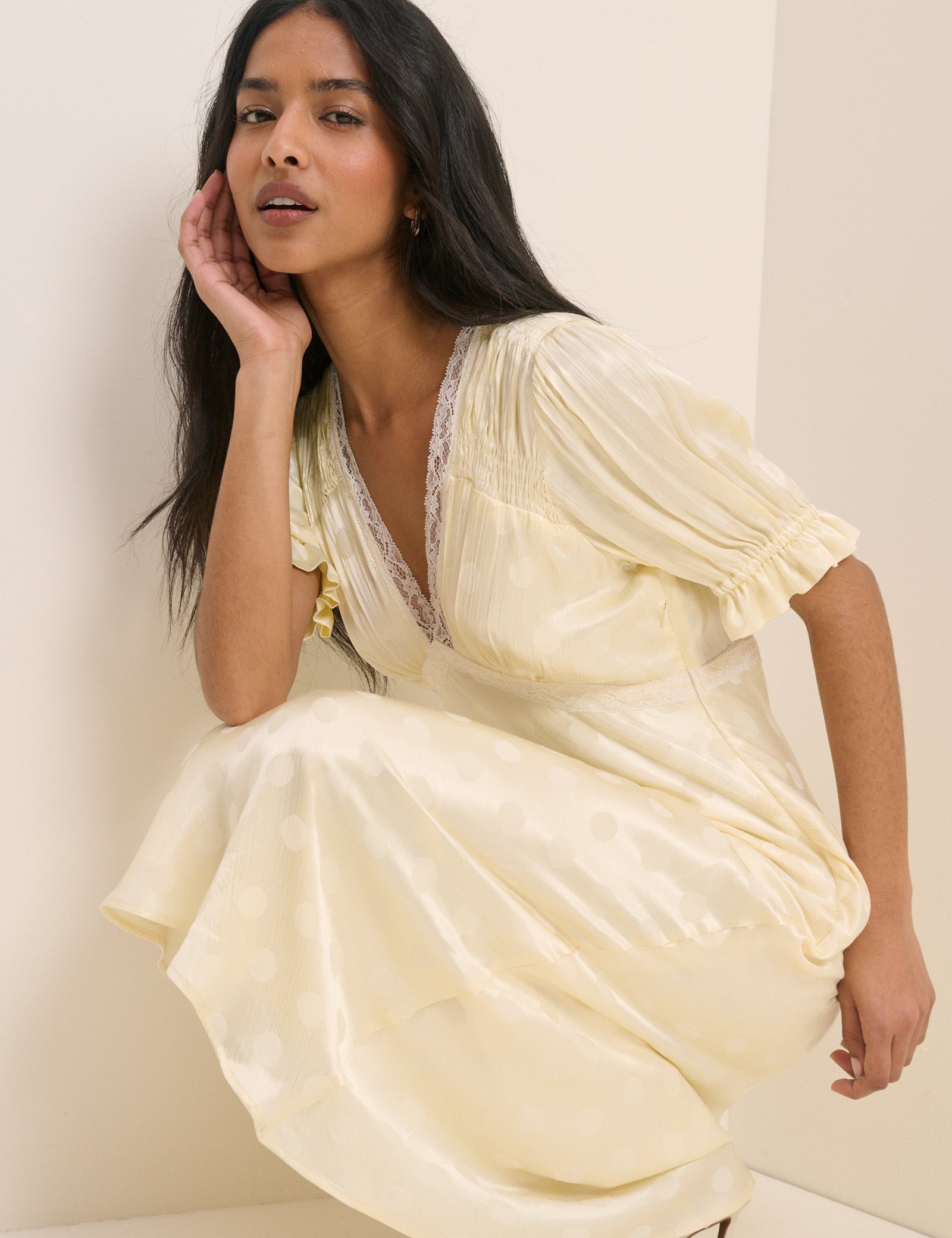 V-Neck Short Puff Sleeve Angela Midi Dress
