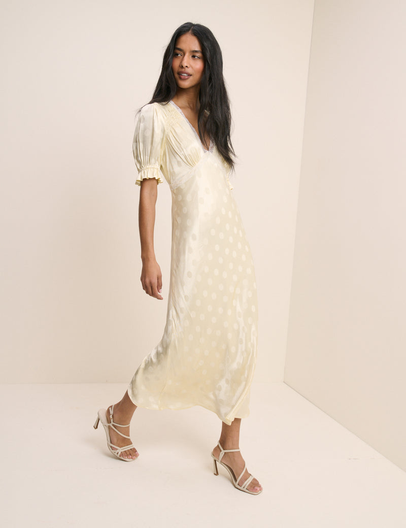 V-Neck Short Puff Sleeve Angela Midi Dress