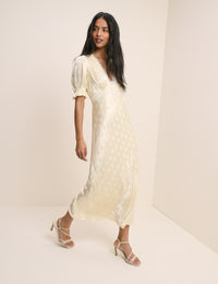 Butter Yellow Polka Dot Satin Angela Midi Dress