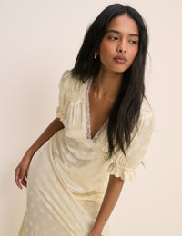 Butter Yellow Polka Dot Satin Angela Midi Dress