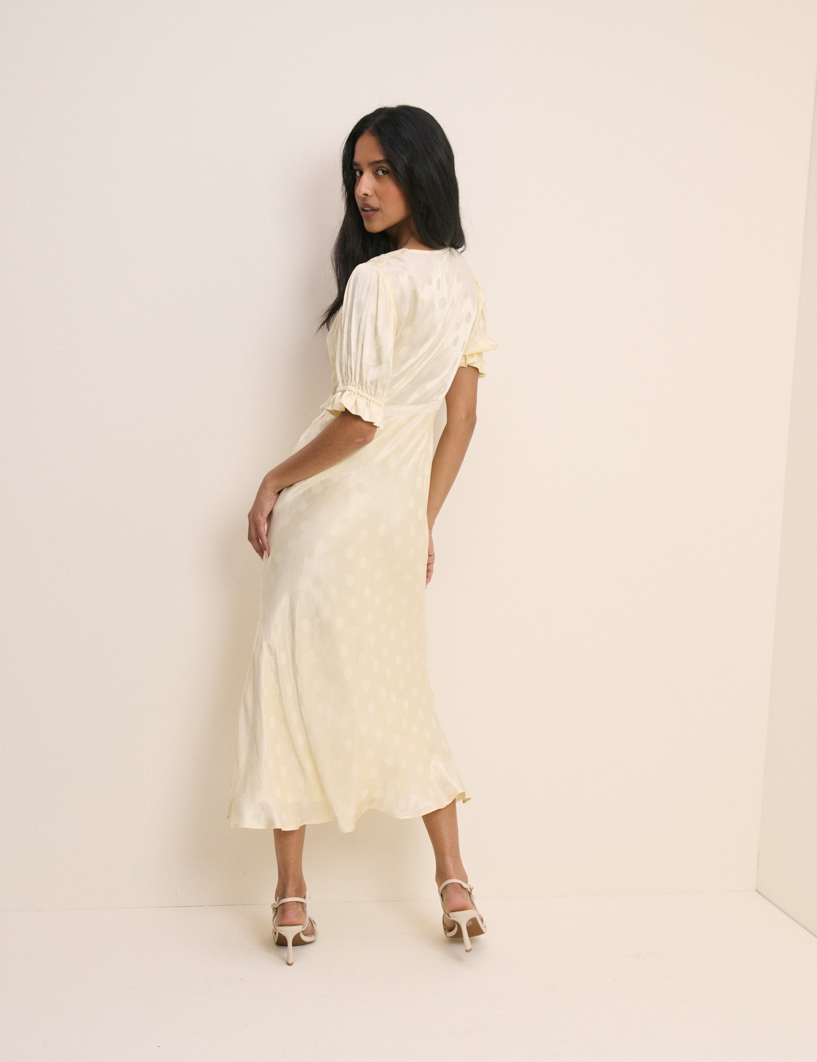Butter Yellow Polka Dot Satin Angela Midi Dress