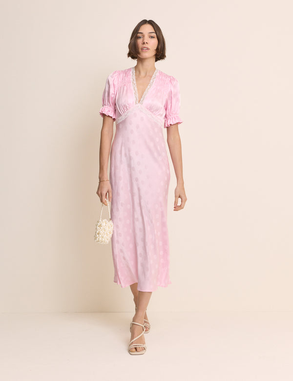 Pink Polka Dot Satin Puff Sleeve Angela Midi Dress