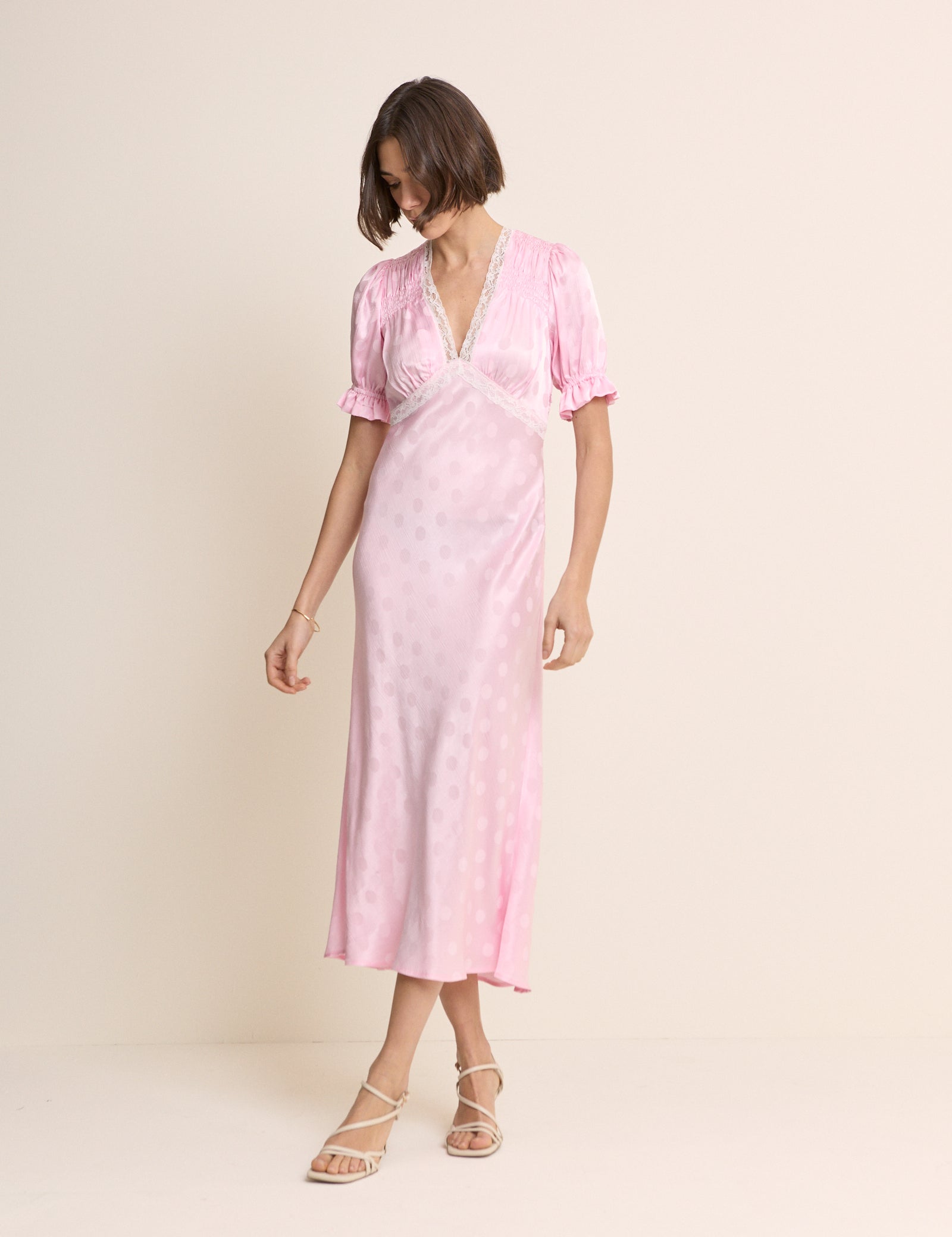 Pink Polka Dot Satin Puff Sleeve Angela Midi Dress