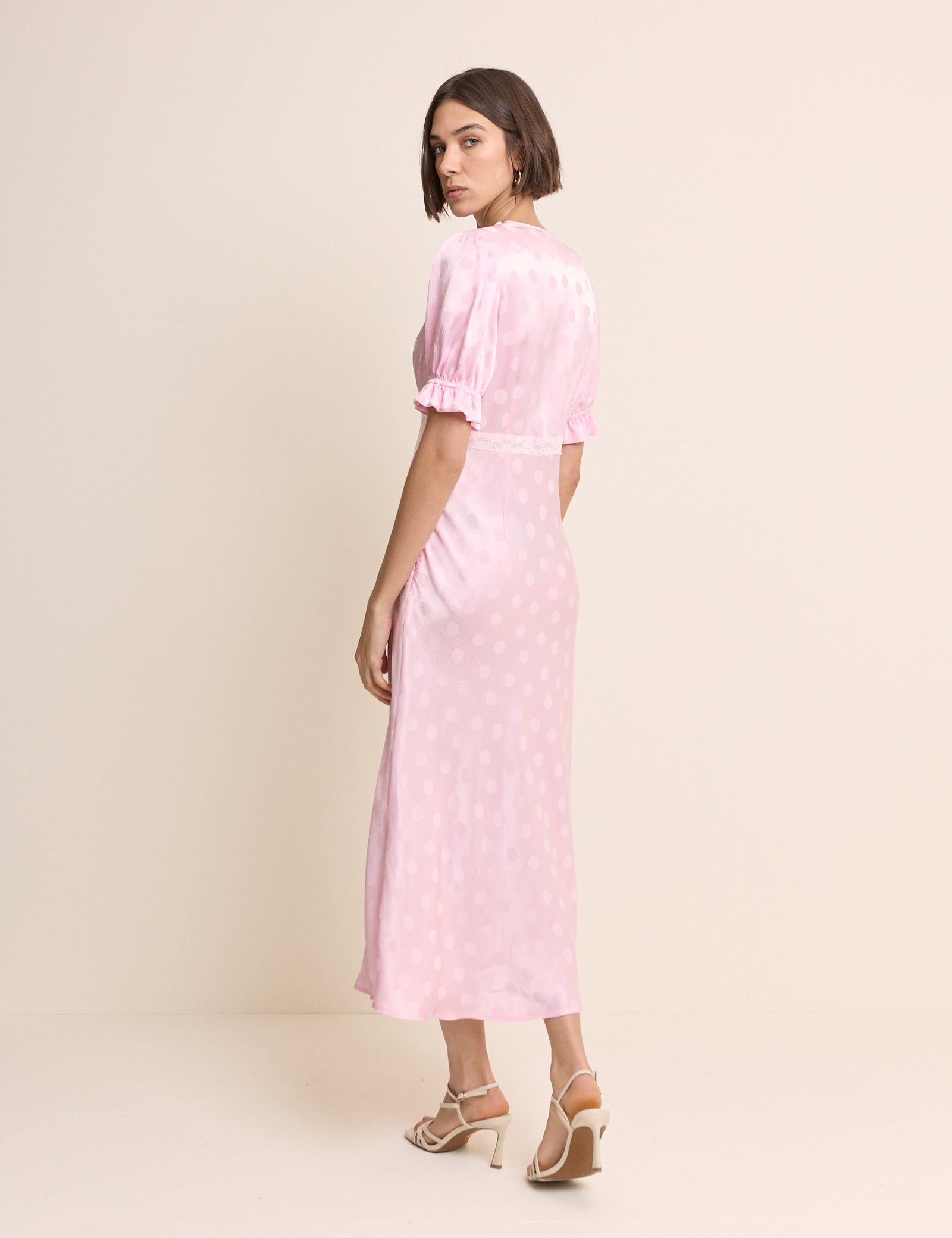 Pink Polka Dot Satin Puff Sleeve Angela Midi Dress