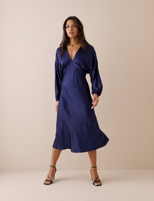 Navy Long Sleeve Satin Allura Midi Dress