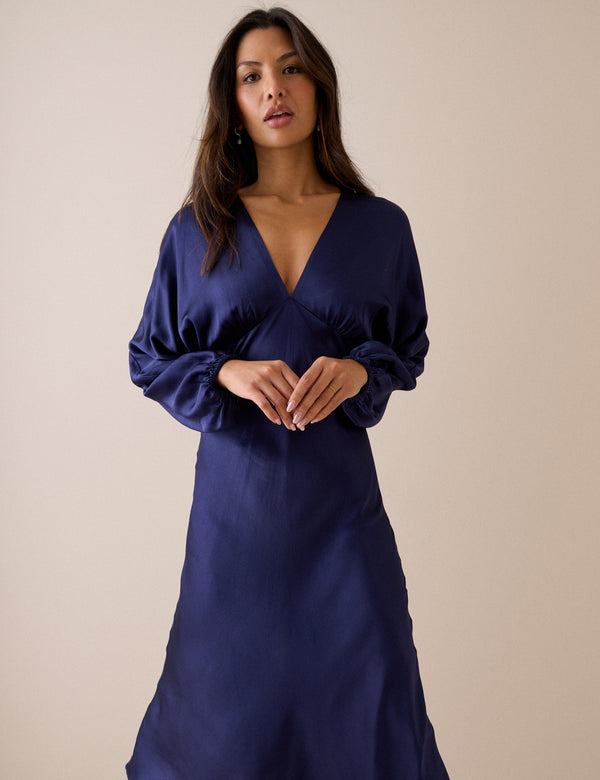 Navy Long Sleeve Satin Allura Midi Dress