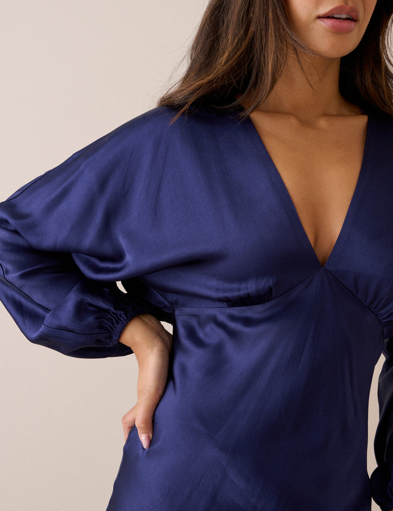 Navy Long Sleeve Satin Allura Midi Dress