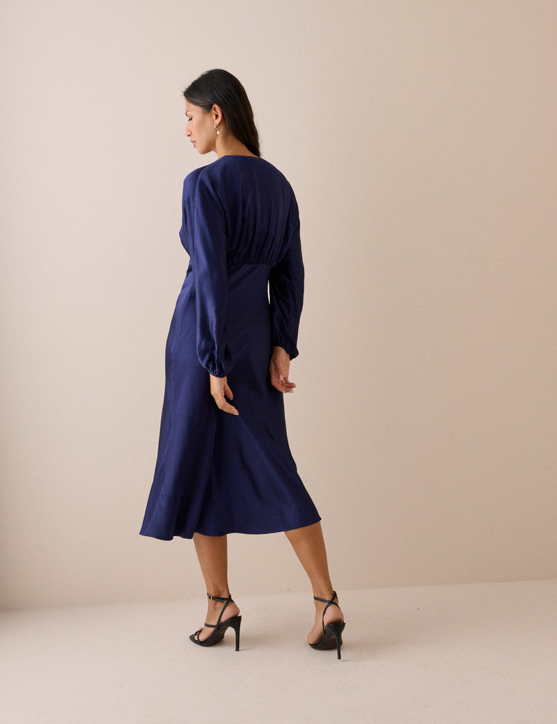 Navy Long Sleeve Satin Allura Midi Dress
