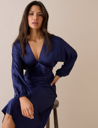 Navy Long Sleeve Satin Allura Midi Dress
