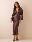 Chocolate brown satin midi dress with long sleeves