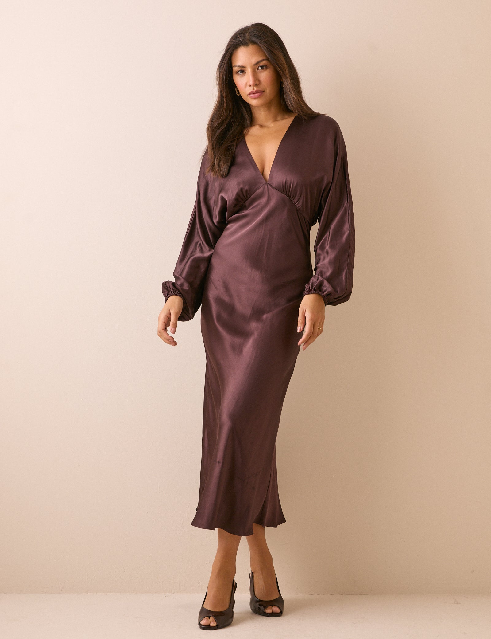 Brown V Neck Satin Allura Midi Dress