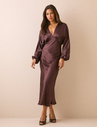Brown V Neck Satin Allura Midi Dress