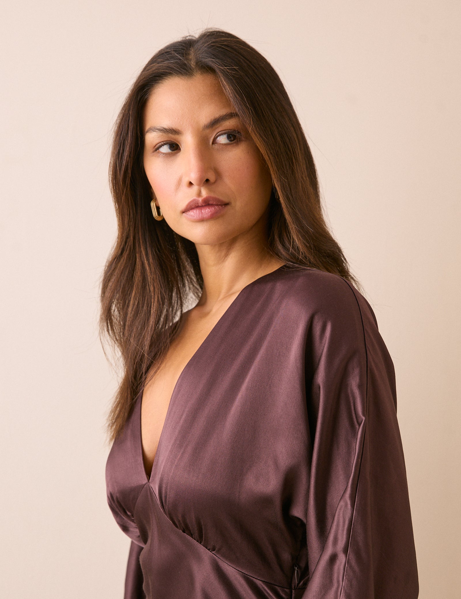 Brown V Neck Satin Allura Midi Dress