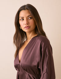 Brown V Neck Satin Allura Midi Dress