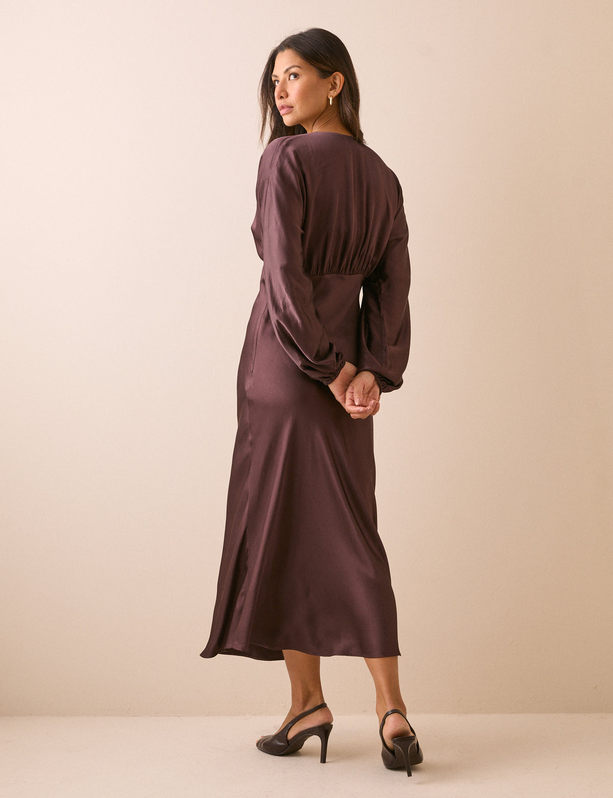 Brown V Neck Satin Allura Midi Dress