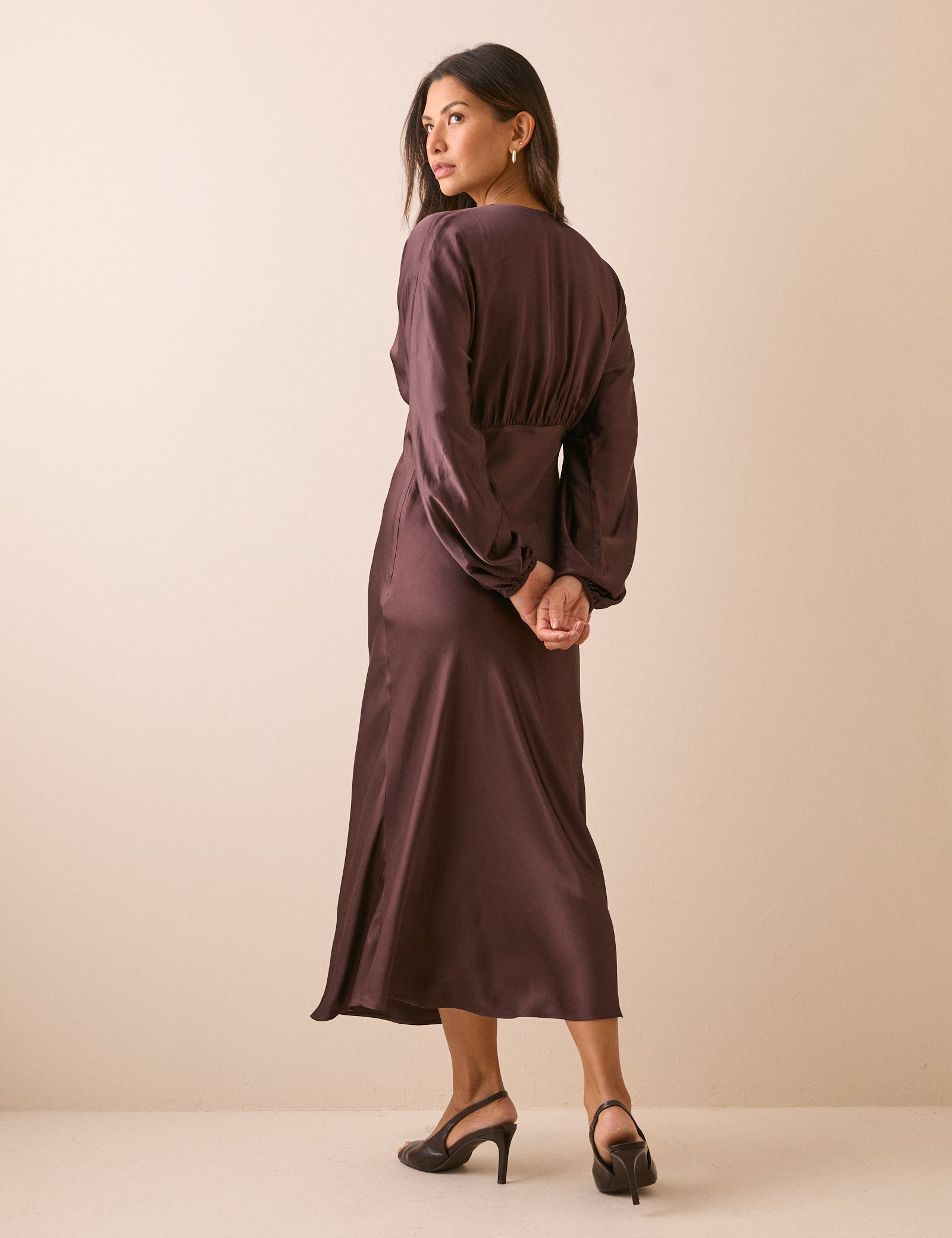 Brown V Neck Satin Allura Midi Dress