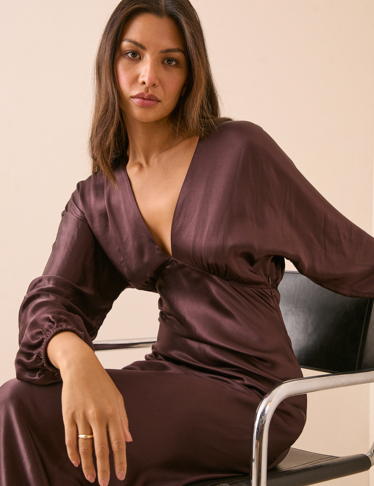 Brown V Neck Satin Allura Midi Dress