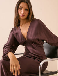 Brown V Neck Satin Allura Midi Dress