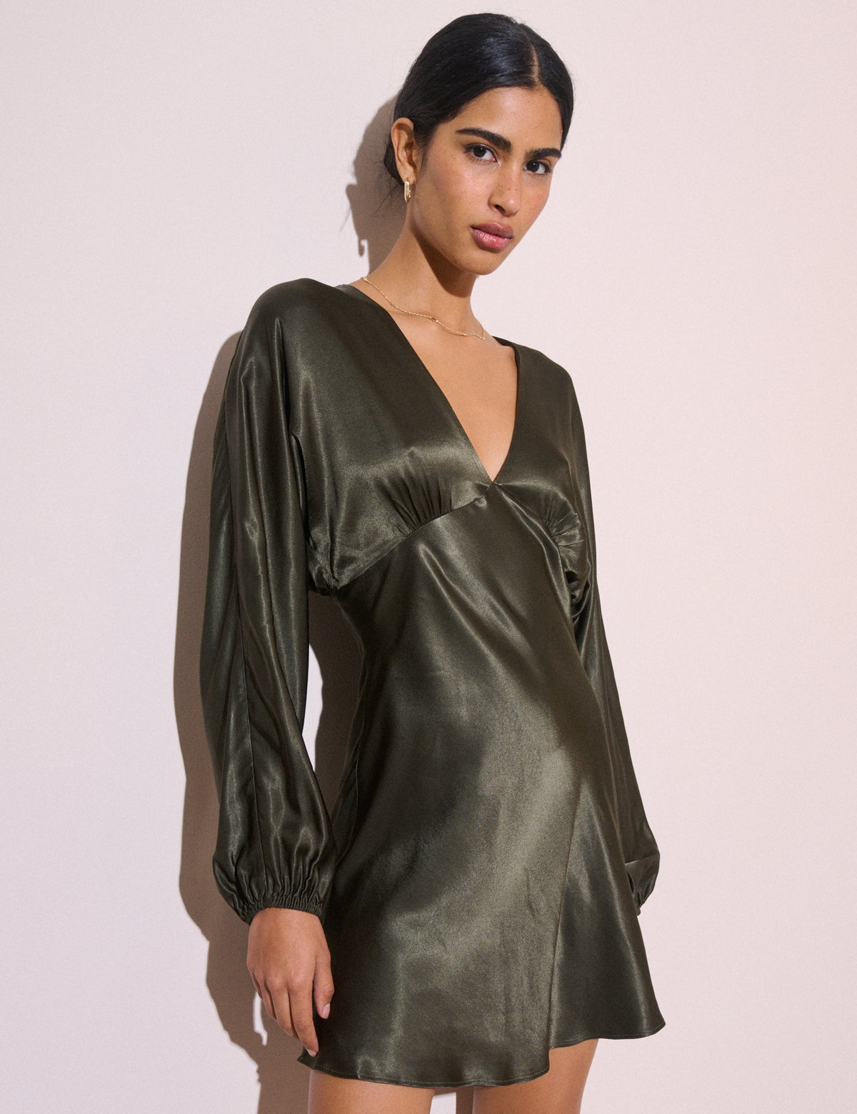 Khaki satin V-neck mini dress with long sleeves
