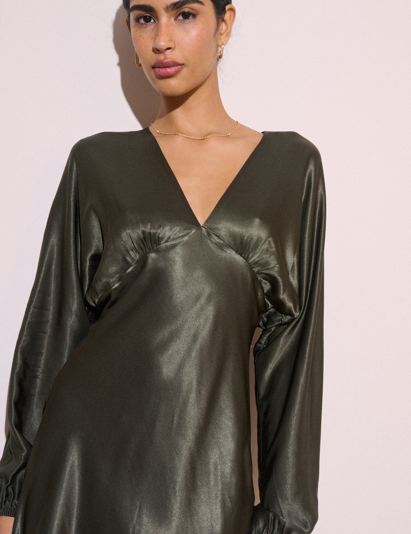 Khaki Blouson Sleeve Satin Allura Mini Dress