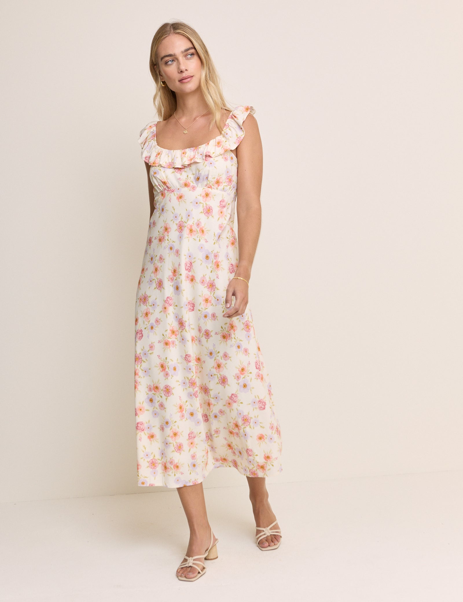 Cream Floral Ruffle Trim Libby Midi Dress