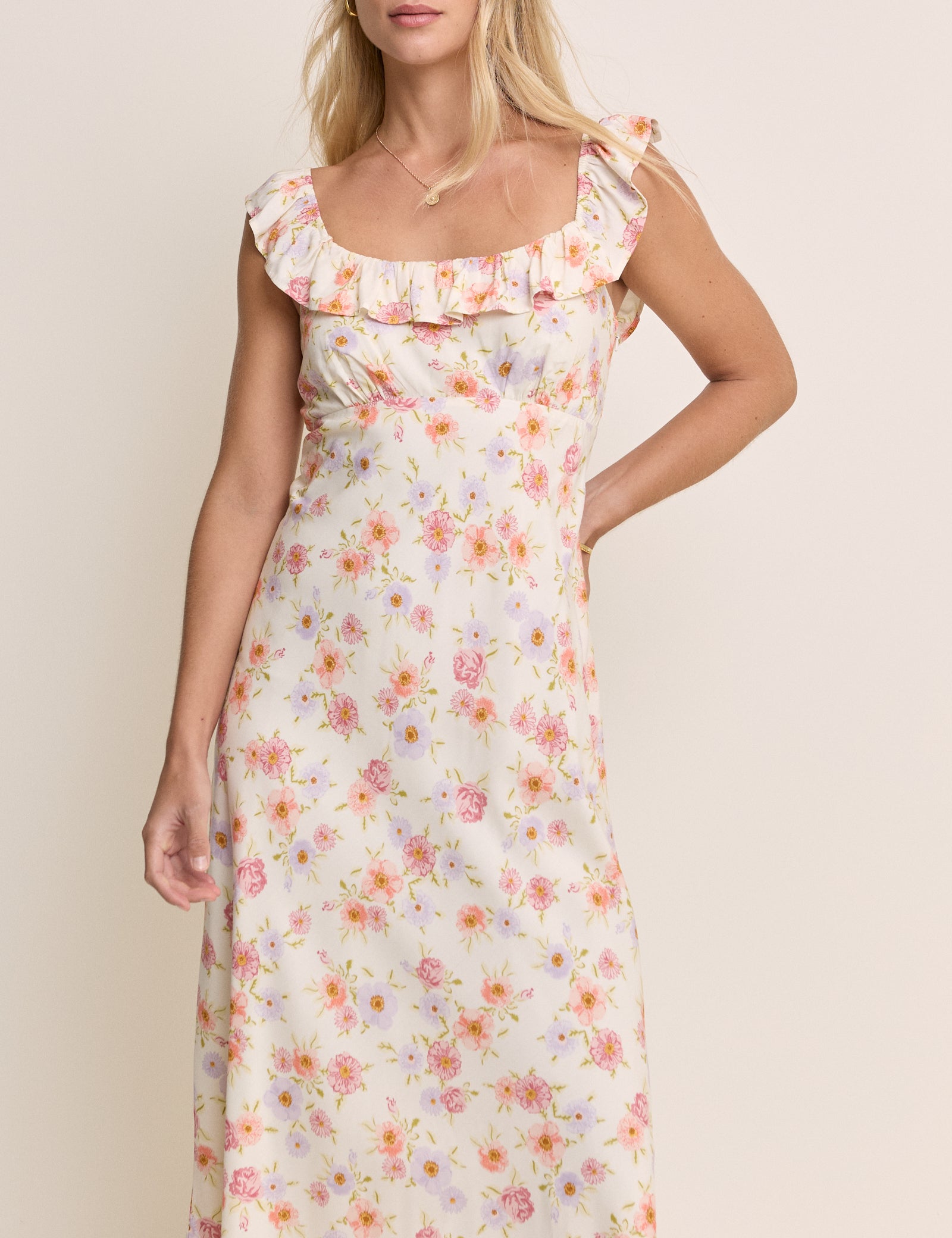 Cream Floral Ruffle Trim Libby Midi Dress