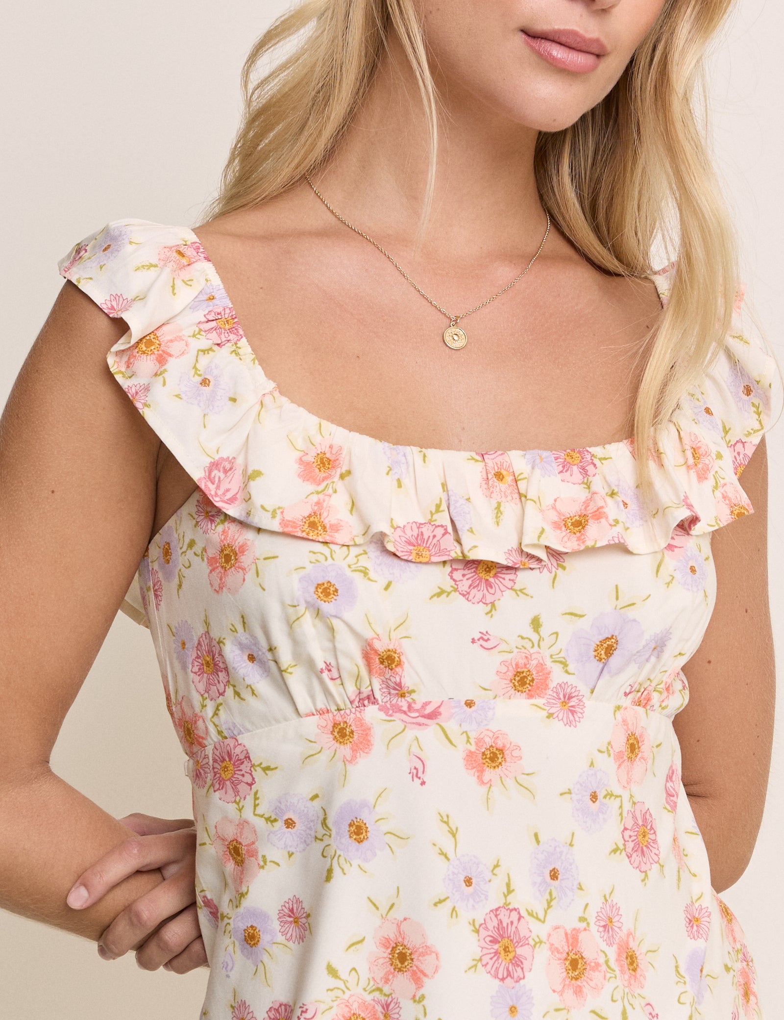 Cream Floral Ruffle Trim Libby Midi Dress